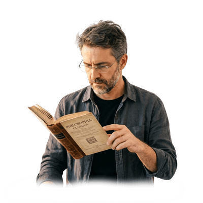 Homem concentrado lendo o livro Philosophia Classica, representando o pilar do desenvolvimento intelectual e expansão cognitiva.