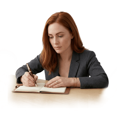 Mulher ruiva de blazer escrevendo em um caderno, representando o pilar de desenvolvimento material e financeiro.