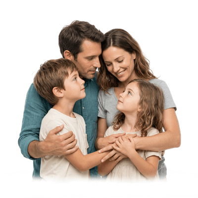 Pai, mãe e filhos unidos em um abraço afetuoso, simbolizando os laços de confiança e a rede de apoio familiar.